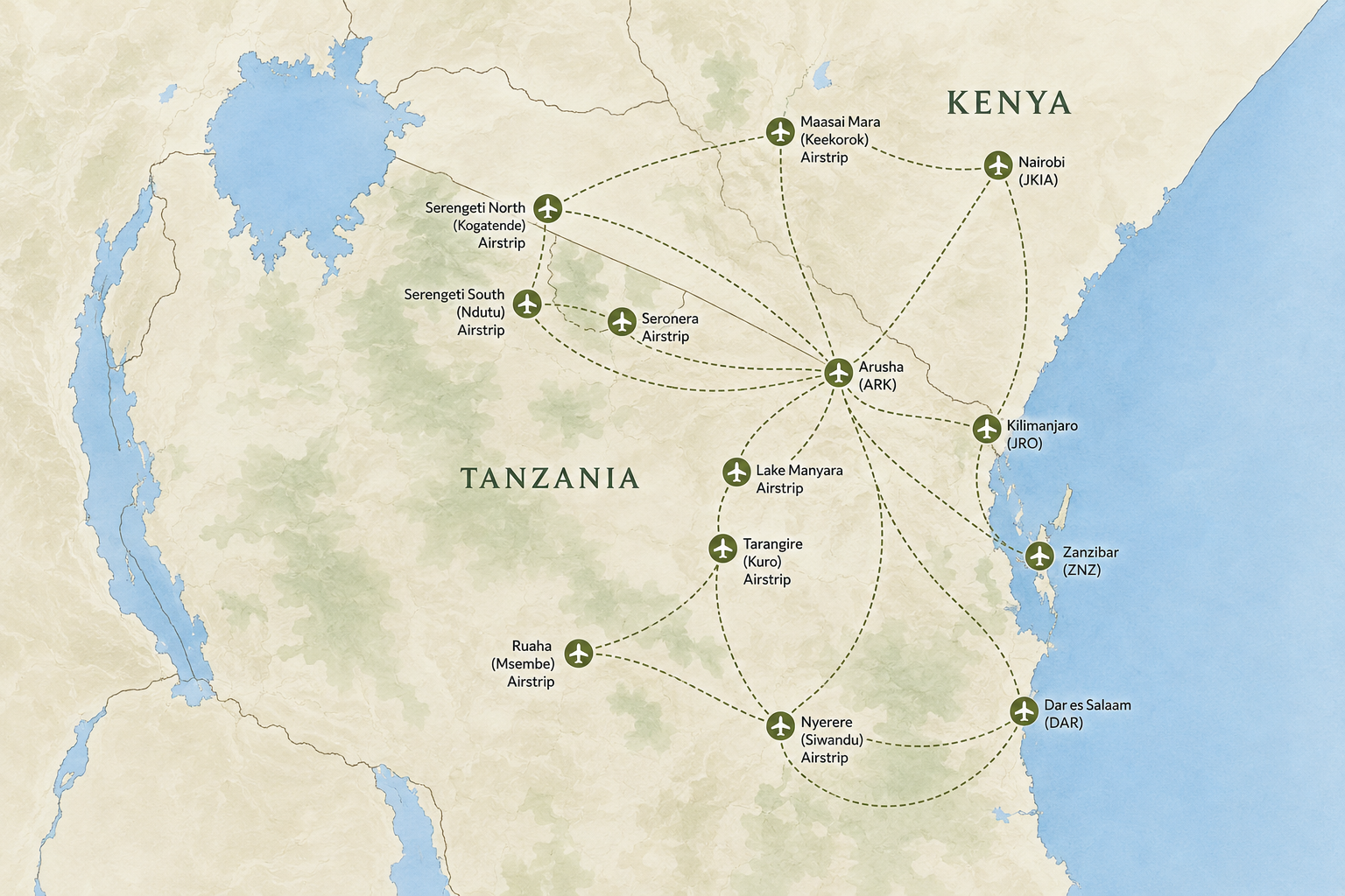 Safari flight route map Tanzania Kenya